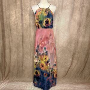 Anthropologie Sunflower Floral Print Chiffon Maxi Dress Multicolor Flowy Boho
